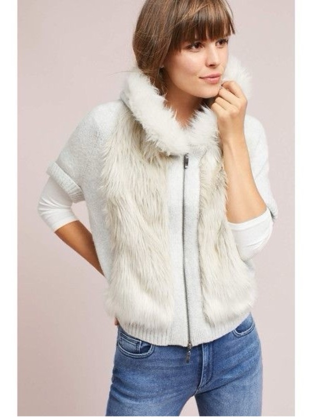 Faux-Fur Trim Zip Front Cream Shrug